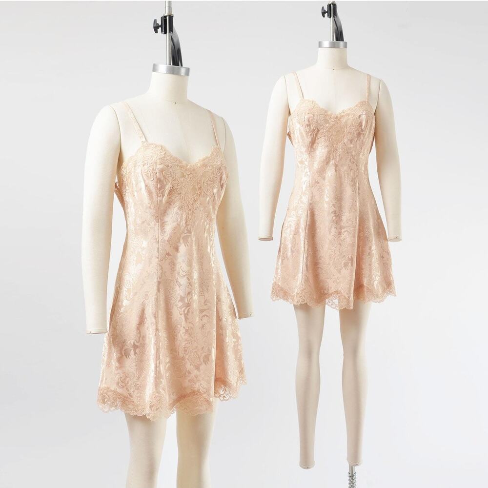 Vintage 90s Victoria's Secret Slip Dress Nude Beige Floral Lace Lingerie S